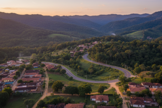 Paisagem brasileira com aglomeração urbana e área verde, simbolizando a pressão populacional sobre os recursos naturais.