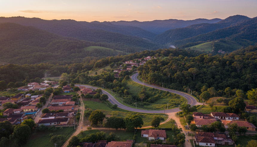 Paisagem brasileira com aglomeração urbana e área verde, simbolizando a pressão populacional sobre os recursos naturais.