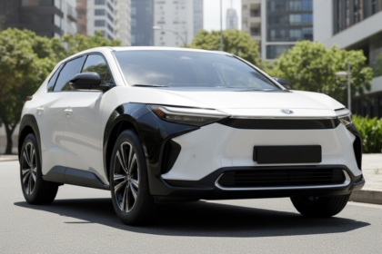 Toyota bZ4X branco estacionado em rua ensolarada com arquitetura moderna ao fundo