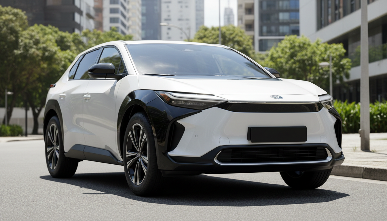 Toyota bZ4X branco estacionado em rua ensolarada com arquitetura moderna ao fundo