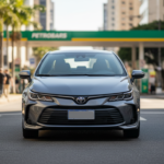 Toyota Corolla 2025 em rua brasileira, destacando sua baixa desvalorização.
