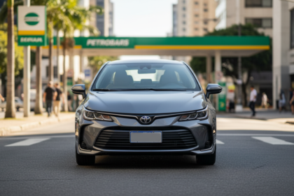 Toyota Corolla 2025 em rua brasileira, destacando sua baixa desvaloriza&ccedil;&atilde;o.