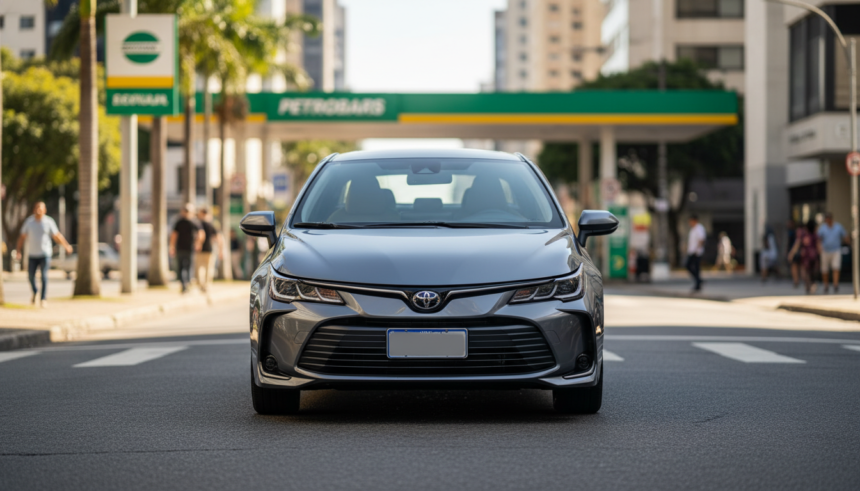 Toyota Corolla 2025 em rua brasileira, destacando sua baixa desvalorização.