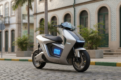 Scooter a hidrog&ecirc;nio futurista em cen&aacute;rio urbano brasileiro
