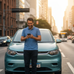 Motorista de aplicativo sorri enquanto verifica o celular ao lado de seu BYD Dolphin Mini em São Paulo