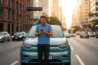 Motorista de aplicativo sorri enquanto verifica o celular ao lado de seu BYD Dolphin Mini em São Paulo