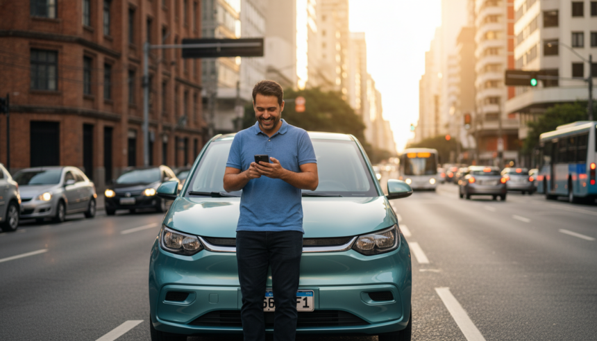 Motorista de aplicativo sorri enquanto verifica o celular ao lado de seu BYD Dolphin Mini em São Paulo