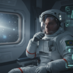 Astronauta refletindo sobre os desafios de saúde renal em missões espaciais de longa duração, com foco em pedras nos rins e danos estruturais.