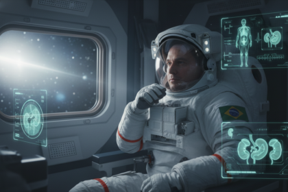 Astronauta refletindo sobre os desafios de sa&uacute;de renal em miss&otilde;es espaciais de longa dura&ccedil;&atilde;o, com foco em pedras nos rins e danos estruturais.