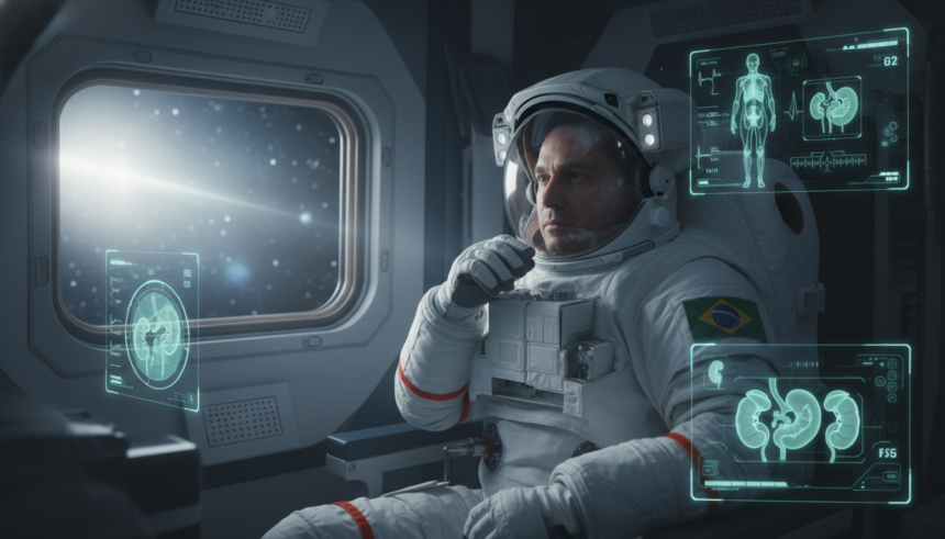 Astronauta refletindo sobre os desafios de saúde renal em missões espaciais de longa duração, com foco em pedras nos rins e danos estruturais.