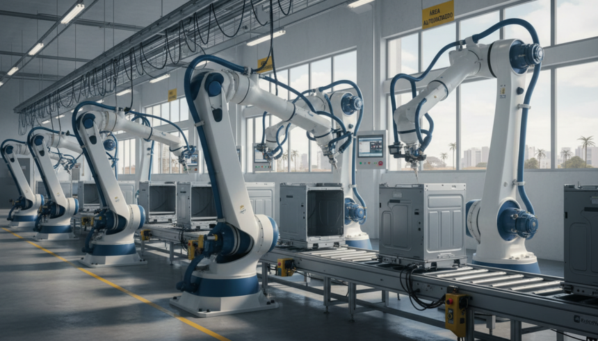 Linha de produção automatizada em fábrica brasileira de eletrodomésticos