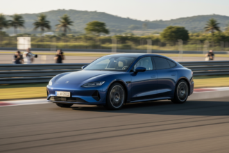 Xiaomi SU7 Max em alta velocidade em pista de corrida, demonstrando capacidade de resistência