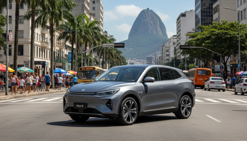 SUV elétrico Xiaomi YU7 em cenário urbano brasileiro, destacando design e tecnologia.