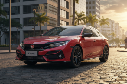 Novo Honda Civic e:HEV RS h&iacute;brido com visual esportivo em cen&aacute;rio urbano brasileiro.