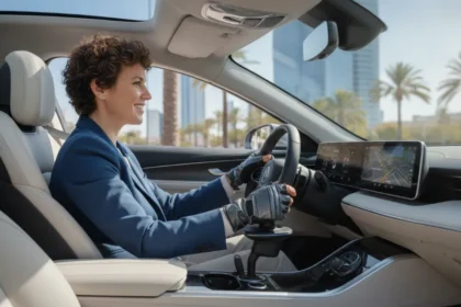 Pessoa com defici&ecirc;ncia sorrindo e dirigindo um carro moderno com controles adaptados, simbolizando a autonomia e liberdade proporcionadas pelas adapta&ccedil;&otilde;es veiculares para pessoas com defici&ecirc;ncia.