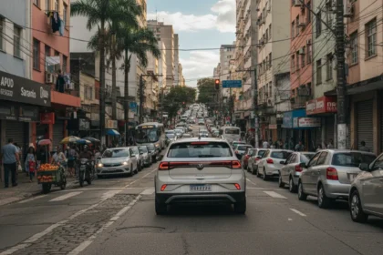 Carro parado com seguran&ccedil;a em subida &iacute;ngreme de rua urbana no Brasil, utilizando o assistente de partida em rampa.