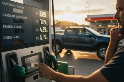 Motorista abastecendo ve&iacute;culo em posto de gasolina, com foco nas op&ccedil;&otilde;es de combust&iacute;vel e qualidade