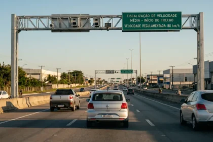 Motorista flagrado a 124 km/h em trecho de 60 km/h na BR-101 no ES com novo radar de velocidade m&eacute;dia, calculando infra&ccedil;&atilde;o que renderia R$ 880,41.