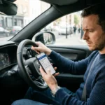 Motorista verificando débitos do veículo no smartphone dentro do carro.