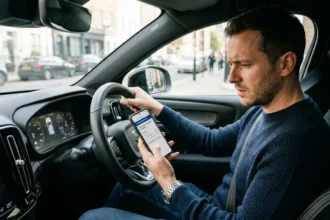 Motorista verificando débitos do veículo no smartphone dentro do carro.