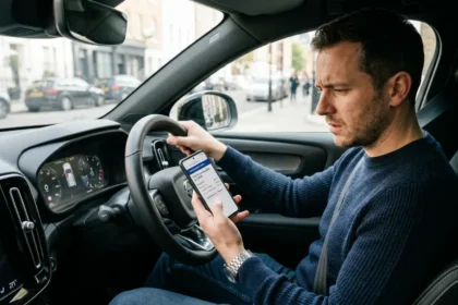 Motorista verificando débitos do veículo no smartphone dentro do carro.