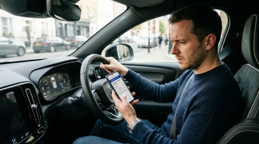 O que acontece com o seu nome se você não pagar as multas de carro pendentes 1 Motorista verificando débitos do veículo no smartphone dentro do carro.