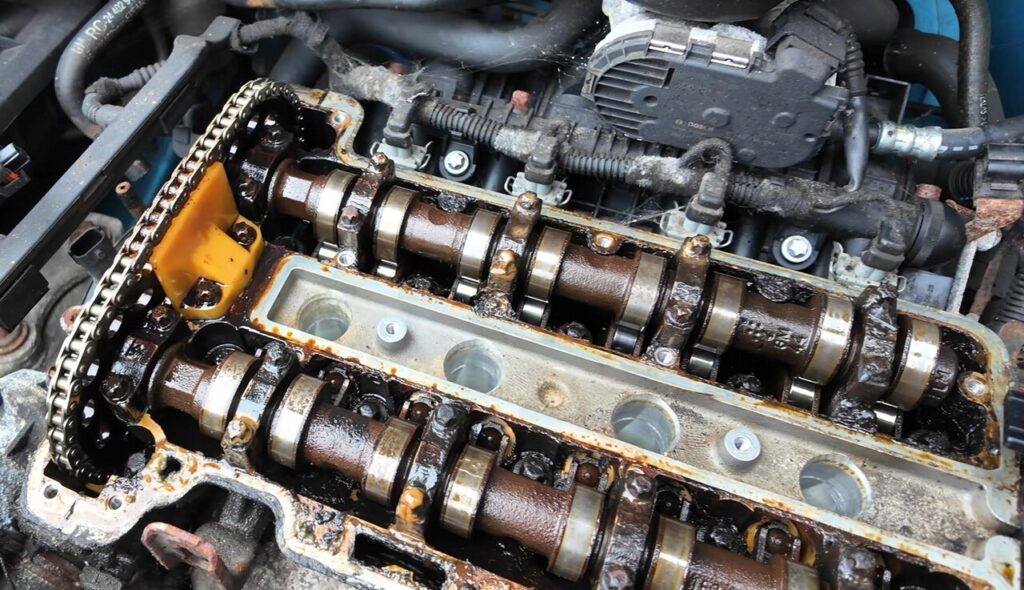 Borra escura acumulada sob a tampa de válvulas de um motor que pulou trocas de óleo: óleo oxidado e fuligem viram uma massa grossa que entope canais, filtro e pescador.