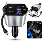 Carregador Celular Veicular Turbo Rápido 120W 4 Em 1 Cabos Retráteis Tipo-C + Portas USB USB-C Android IOS Display Led Digital Voltagem 12V 24V Automotivo Carro Caminhão SUV's