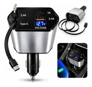 Carregador Celular Veicular Turbo Rápido 120W 4 Em 1 Cabos Retráteis Tipo-C + Portas USB USB-C Android IOS Display Led Digital Voltagem 12V 24V Automotivo Carro Caminhão SUV’s