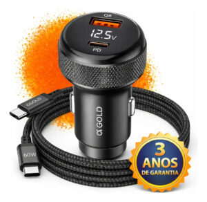 Carregador Carro Turbo 60W 2 Portas USB-C USB-A Cabo Nylon 1m DigiKlone Anatel