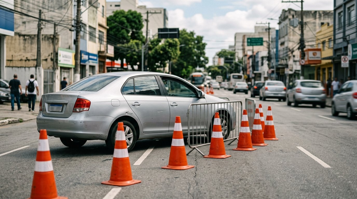 Alterações no trânsito: cones laranjas de trânsito posicionados no asfalto sinalizando interdição em avenida urbana durante o dia.