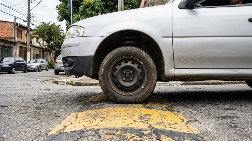 Suspensão com estalo em lombada pode custar de R$ 150 a R$ 2.000 para reparar 1 Barulho metálico na suspensão: roda dianteira de veículo passando por lombada em rua urbana de asfalto, mostrando a compressão da suspensão ao transpor a ondulação.
