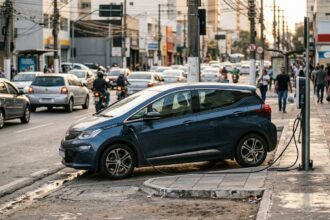 BYD Dolphin Mini: hatch compacto elétrico moderno conectado a ponto de recarga na rua de uma grande cidade brasileira durante o entardecer.