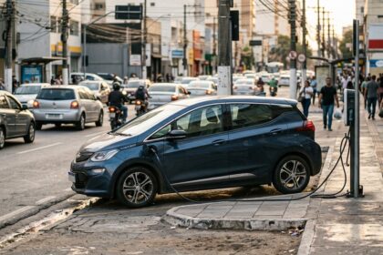 BYD Dolphin Mini: hatch compacto el&eacute;trico moderno conectado a ponto de recarga na rua de uma grande cidade brasileira durante o entardecer.