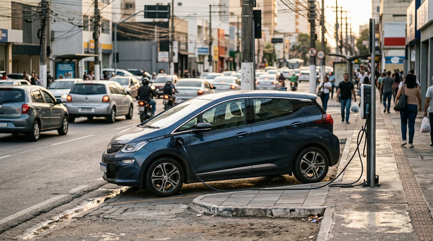 BYD Dolphin Mini: hatch compacto elétrico moderno conectado a ponto de recarga na rua de uma grande cidade brasileira durante o entardecer.