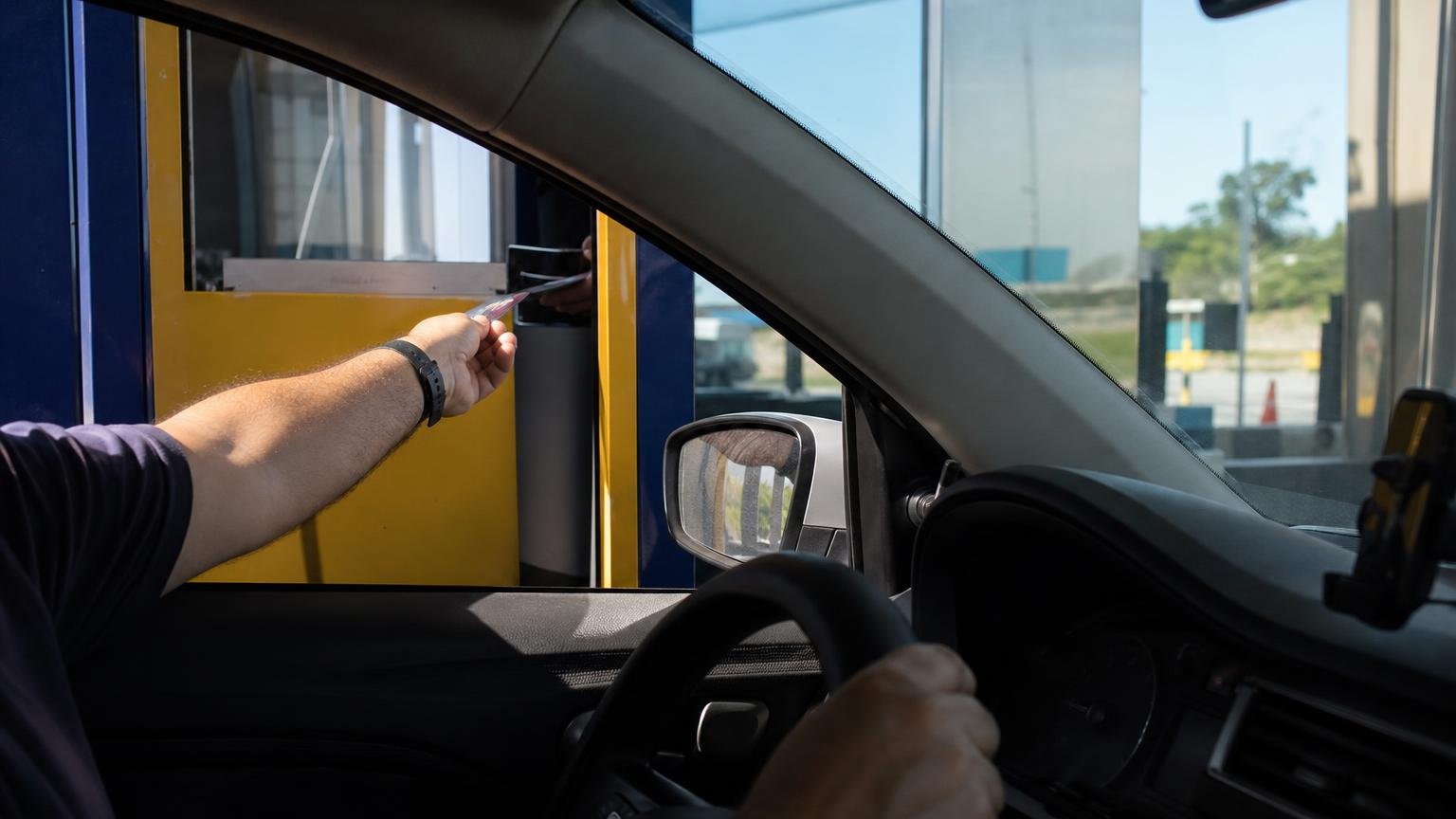 Motorista pagando na cabine de uma praça de pedágio em rodovia, cena para calcular pedágio e combustível da viagem