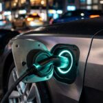 Carro elétrico carregando na rua à noite, tema dos carros elétricos mais roubados em SP
