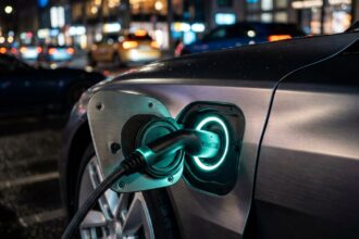 Carro elétrico carregando na rua à noite, tema dos carros elétricos mais roubados em SP