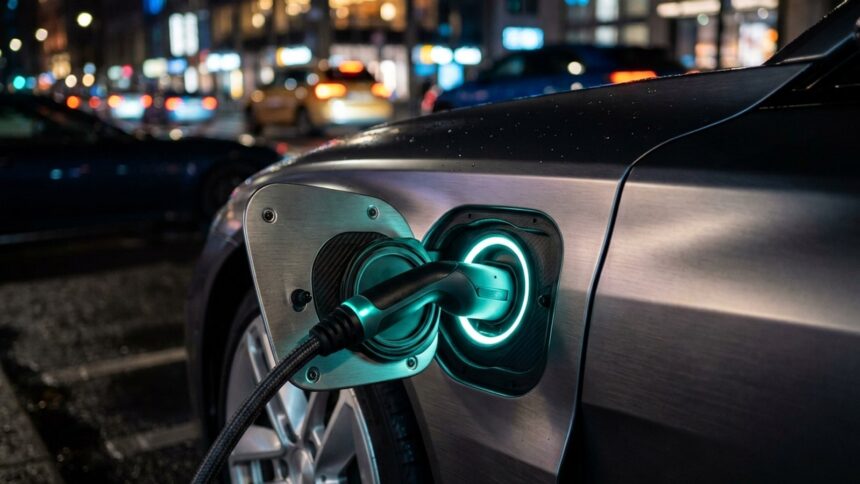 Os carros elétricos mais furtados e roubados em SP em 2026 1 Carro elétrico carregando na rua à noite, tema dos carros elétricos mais roubados em SP