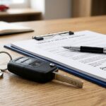 Ano modelo e ano de fabricação: contrato de compra do carro com a chave sobre a mesa