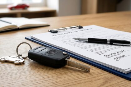 Ano modelo e ano de fabrica&ccedil;&atilde;o: contrato de compra do carro com a chave sobre a mesa