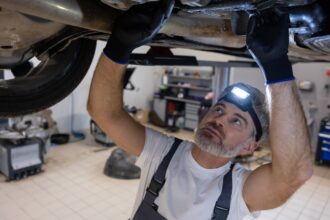 Mecânico com lanterna inspecionando a caixa de direção por baixo do carro