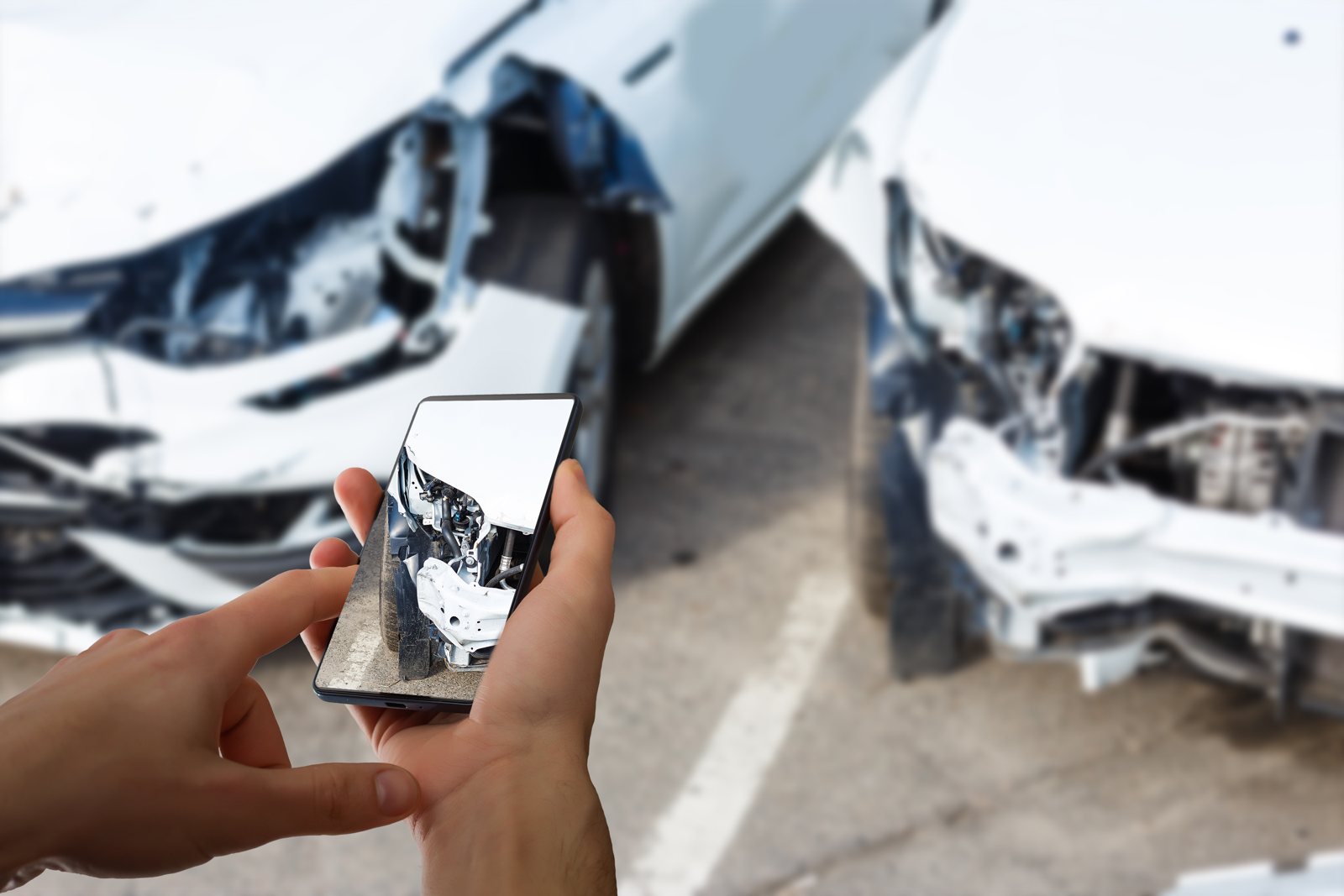 Celular fotografando os danos de um carro batido, tema da perda total no seguro