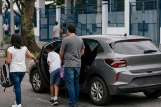 Família chega de carro para votar numa escola, cena de carona para votar no 2º turno