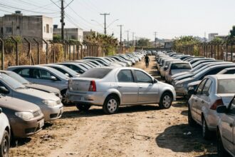 Carro apreendido pelo banco: pátio com veículos retidos aguardando liberação e regularização de taxas de trânsito.