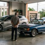 Carros de Harrison Ford: sUV elétrico moderno ao lado de esportivo clássico em garagem de alto padrão, simbolizando coleção de veículos exclusivos.