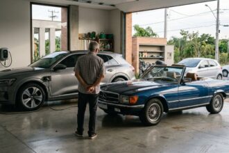 Carros de Harrison Ford: sUV elétrico moderno ao lado de esportivo clássico em garagem de alto padrão, simbolizando coleção de veículos exclusivos.