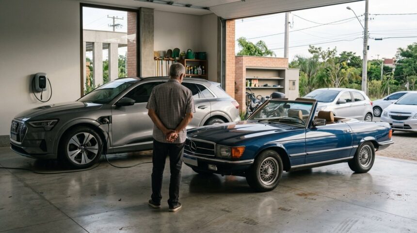 Harrison Ford: Tesla, clássicos ingleses e motos na garagem do astro 1 Carros de Harrison Ford: sUV elétrico moderno ao lado de esportivo clássico em garagem de alto padrão, simbolizando coleção de veículos exclusivos.