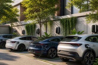 Carros elétricos: motorista conecta cabo de carregador em carro elétrico em eletroposto urbano ao entardecer.