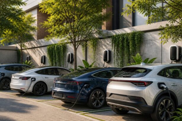Carros elétricos: motorista conecta cabo de carregador em carro elétrico em eletroposto urbano ao entardecer.